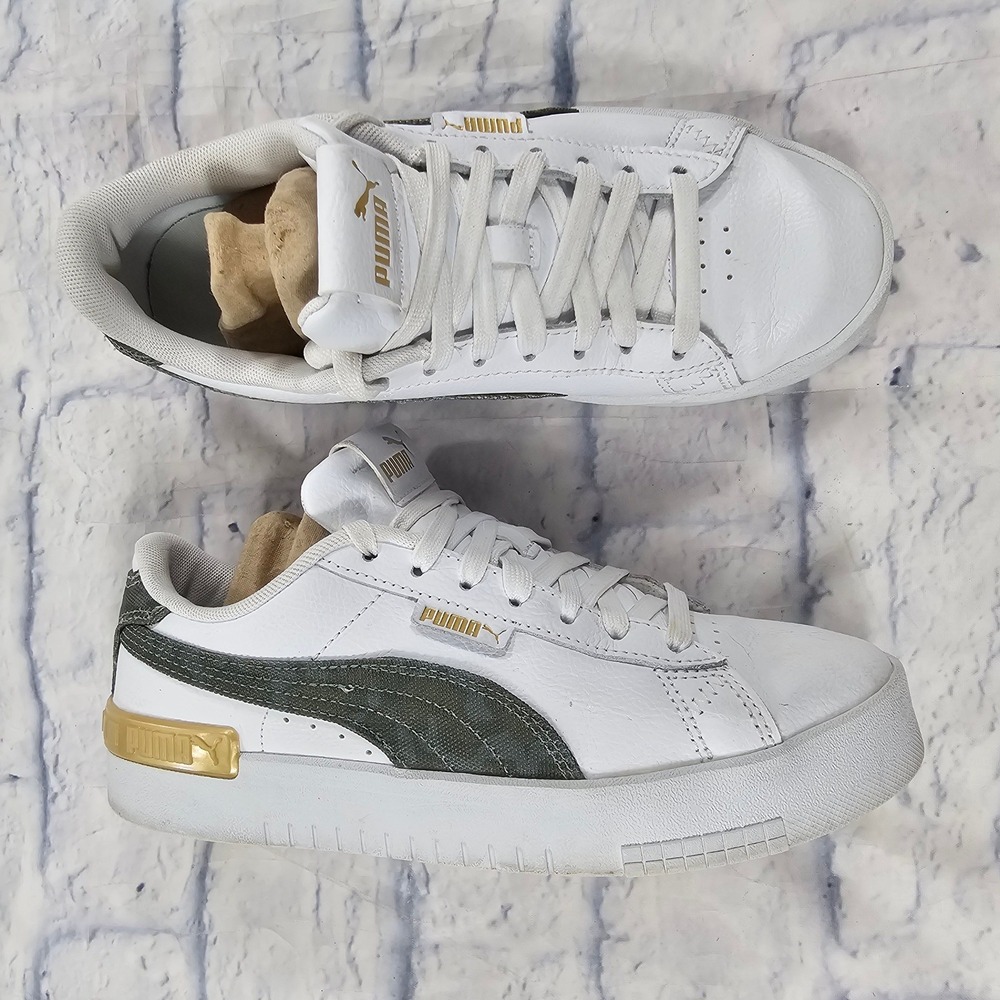 Puma Jada Platform Sneakers Womens 7 White Olive Green Gold Leather Athleisure